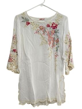 Johnny Was White Embroidered Floral Tunic Size S Oversized